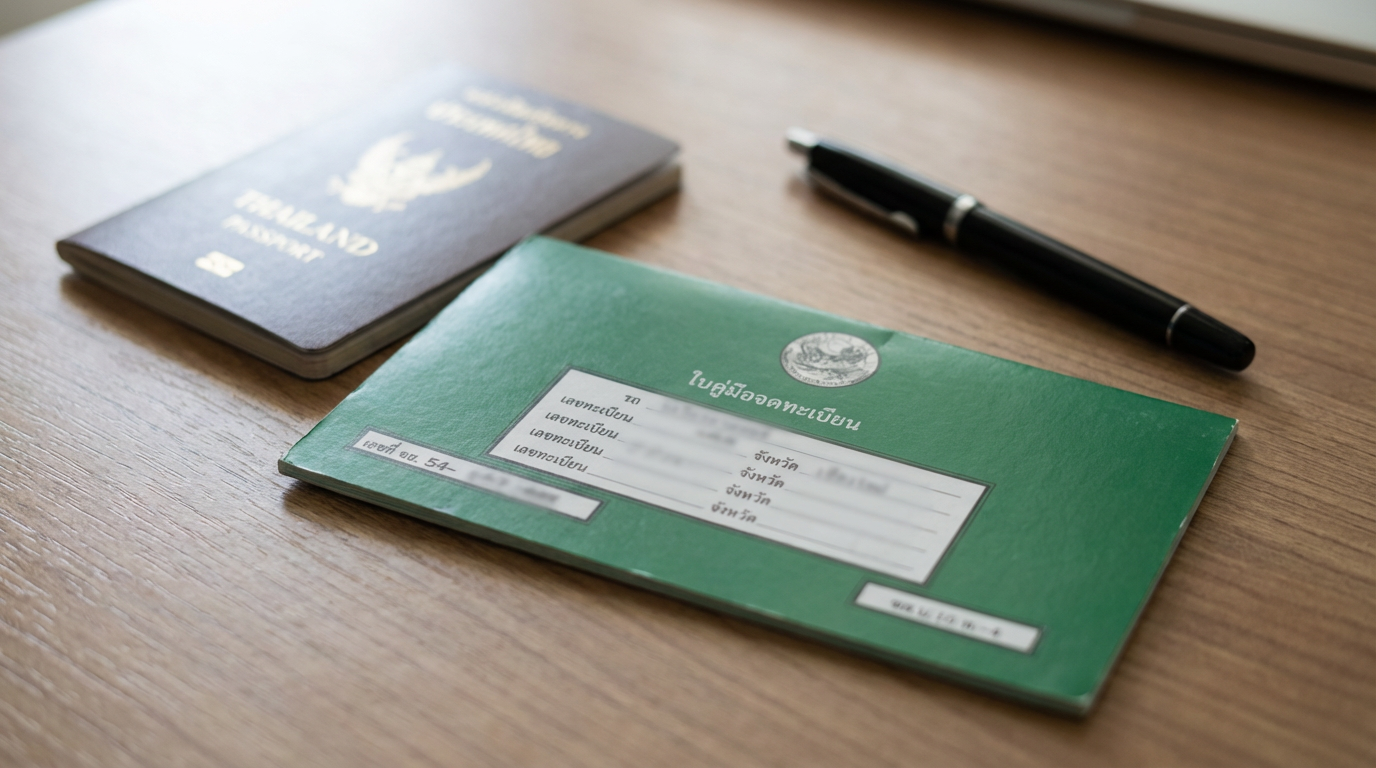 Green book and passport on a desk